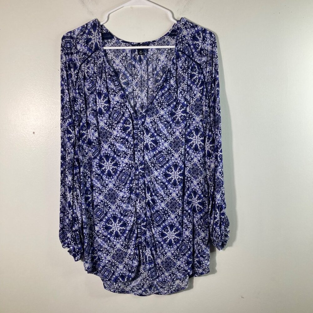 Womens Lucky Brand V Neck Patterned Tunic Cut Out Detail Blue White M Long Sleev